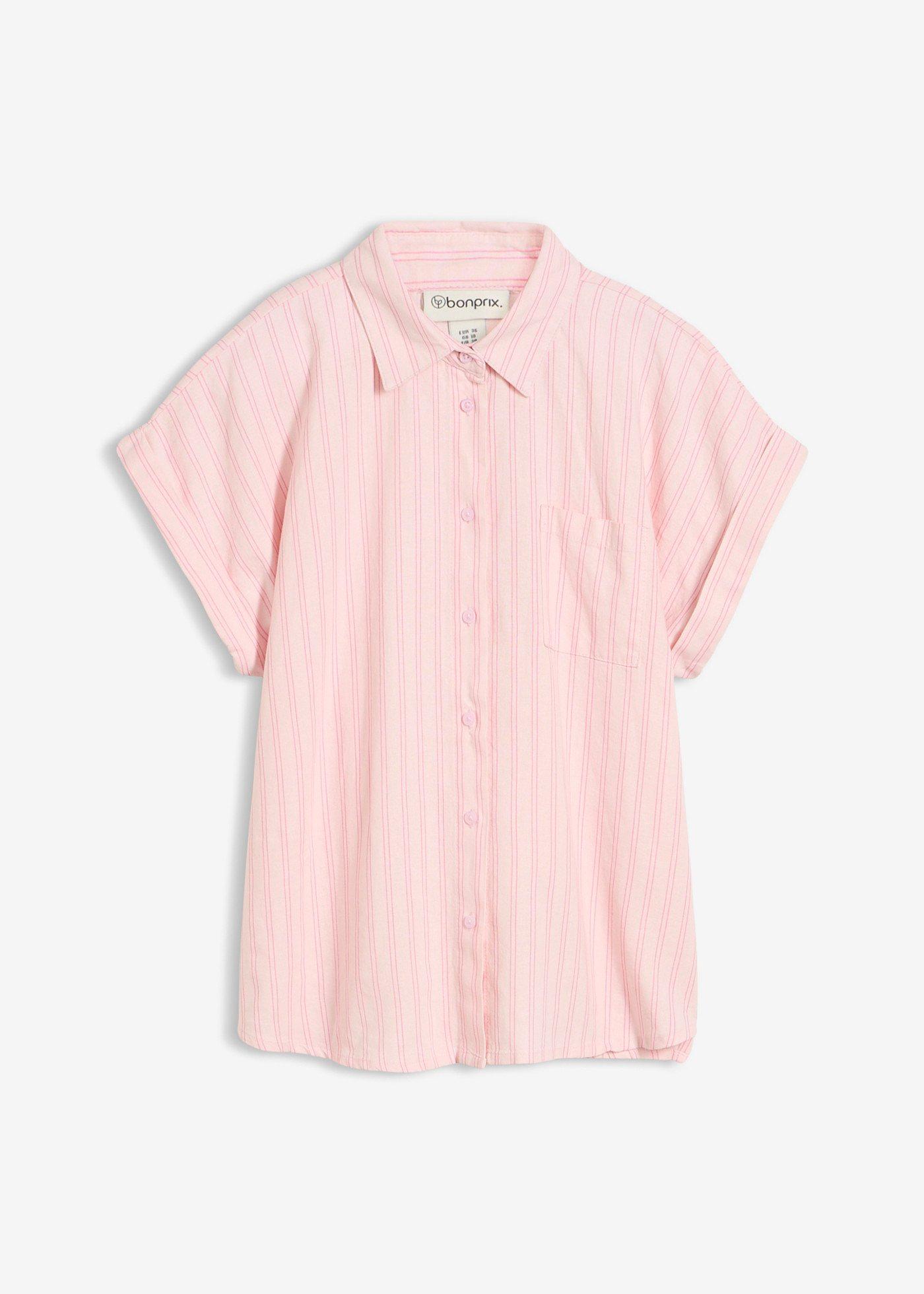bonprix – Kortärmad blus i materialmix med lin och viskos