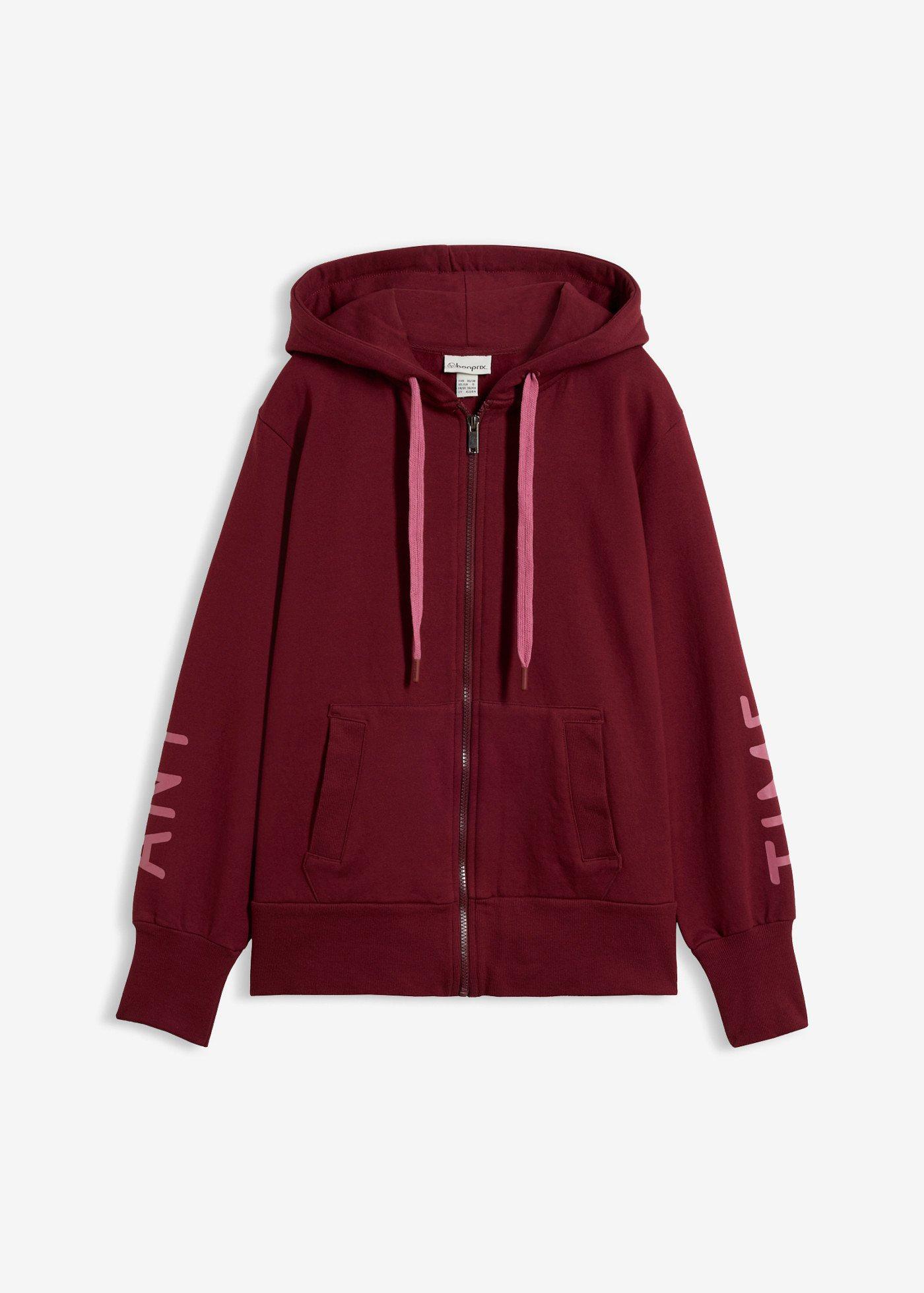 bonprix – Sweatshirtjacka med huva, av elastisk materialmix med ekologisk bomull