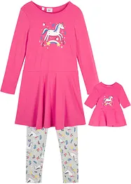 Jerseyklänning och leggings + dockklänning (3 delar), bonprix