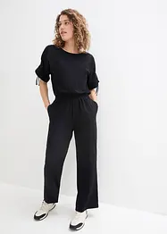 Jersey-jumpsuit med rynkad detalj på ärmarna och vida ben, bonprix