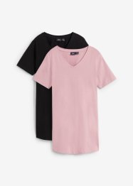 Lång T-shirt i basmodell med V-ringning och korta ärmar (2-pack), bonprix