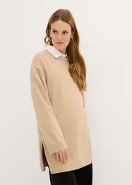 Lång finstickad tröja med sidosprund och viskosandel, bonprix