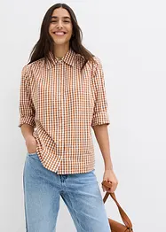 Rutig oversized blus med puffärmar, bonprix
