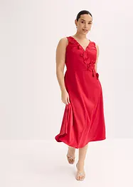 Mellanlång klänning i glansig satin med blomapplikation, bonprix