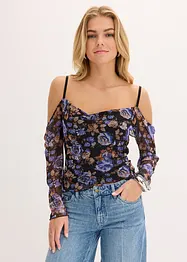 Cold shoulder-topp i tunn mesh, bonprix