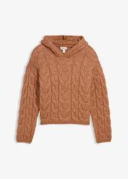 Stickad tröja med flätstickning och huva, bonprix