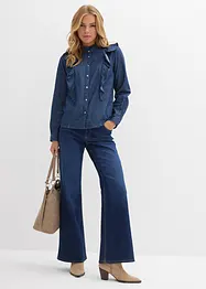 Jeansblus med volanger i bomull, bonprix