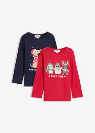 Långärmad topp med julmotiv för barn i ekologisk bomull (2-pack), bonprix