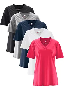 Vid lång topp med V-ringning (5-pack), kortärmad, bonprix