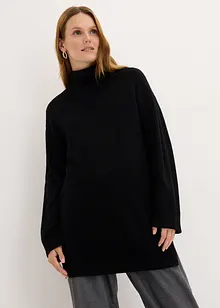 Lång finstickad tröja med sidosprund och viskosandel, bonprix