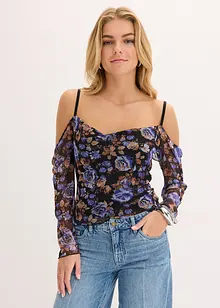 Cold shoulder-topp i tunn mesh, bonprix