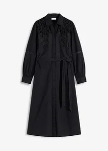 Mellanlång bomullsklänning med spetsinfällning, bonprix