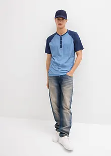 T-shirt med kort knappslå, av ekologisk bomull med tvättade effekter, bonprix