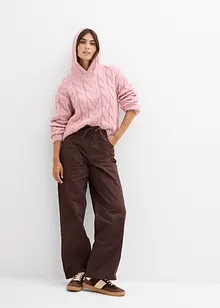 Stickad tröja med flätstickning och huva, bonprix