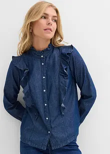 Jeansblus med volanger i bomull, bonprix