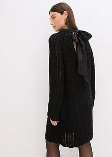 Stickad miniklänning med satinrosett och paljetter, bonprix