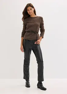 Stickad topp med knytband i skinnimitation, bonprix