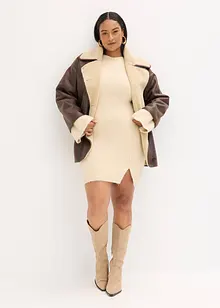 Kort stickad klänning i materialmix, bonprix