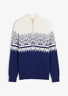 Mönsterstickad tröja med hög krage och kort dragkedja, av ren bomull, bonprix