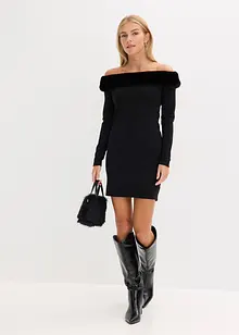 Stickad klänning med fuskpäls, bonprix