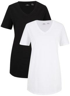 Lång T-shirt i basmodell med V-ringning och korta ärmar (2-pack), bpc bonprix collection