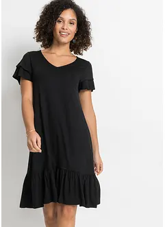 Jerseyklänning med volang i viskosmix, bonprix