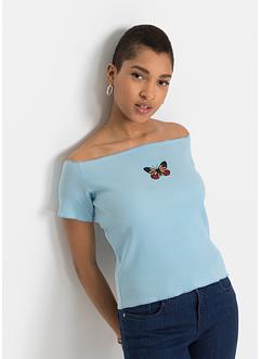 Ribbstickad topp med broderi, ekologisk bomull, RAINBOW