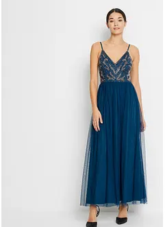 Klänning med smala axelband och pärlapplikation, bonprix