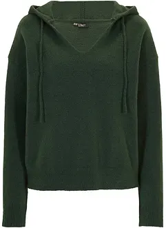 Stickad tröja med V-ringning och luva, bonprix