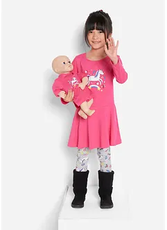 Jerseyklänning och leggings + dockklänning (3 delar), bonprix