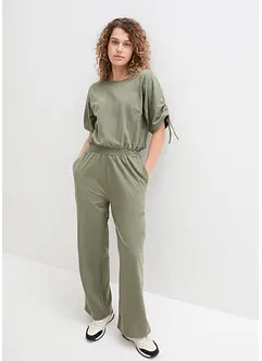 Jersey-jumpsuit med rynkad detalj på ärmarna och vida ben, bonprix