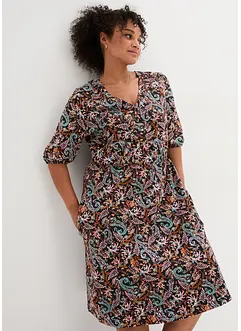 Mellanlång virkad klänning med omlottlook och halvlånga ärmar, bonprix