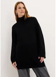 Lång finstickad tröja med sidosprund och viskosandel, bonprix