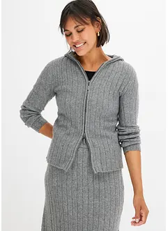 Ribbstickad cardigan med huva, bonprix