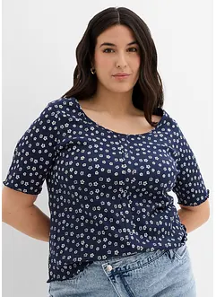 Ribbad topp med blommönster, halv ärm, bonprix