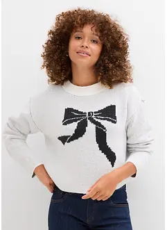 Ribbstickad tröja med rosett, bonprix