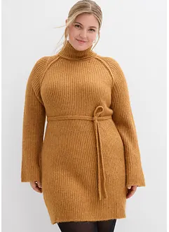 Kort ribbstickad klänning med polokrage, bonprix