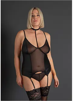 Linne med strumpehandshållare + stringtrosa (2 delar), bonprix