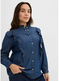 Jeansblus med volanger i bomull, bonprix