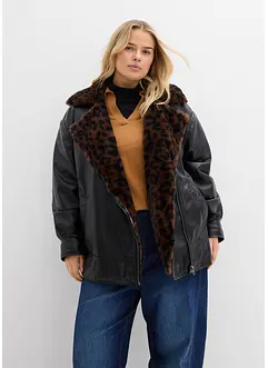Jacka i skinnimitation med leopardmönstrad fuskpäls, bonprix