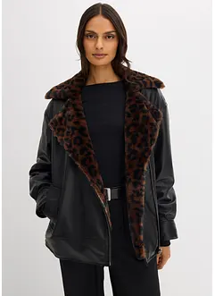 Jacka i skinnimitation med leopardmönstrad fuskpäls, bonprix