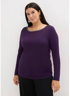 Långärmad topp med meshinfällning och glitterstenar, bonprix