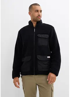 Teddyfleecejacka med besättning av vävt material och ståkrage, bonprix