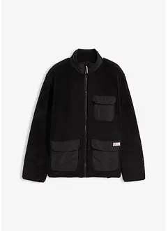 Teddyfleecejacka med besättning av vävt material och ståkrage, bonprix