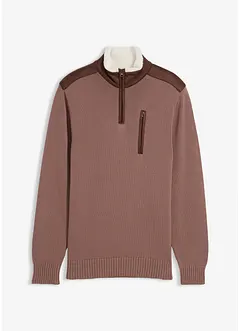 Grovstickad tröja med krage och vävd infällning, bonprix