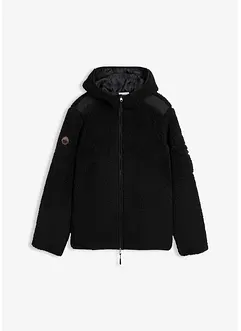 Teddyfleecejacka med infällning av vävt material och huva, bonprix