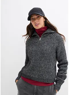 Tröja med krage och dragkedja i mjuk materialmix, bonprix