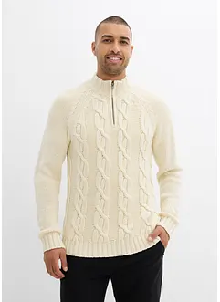 Flätstickad tröja av mjuk bomullsmix, med krage och dragkedja, bonprix