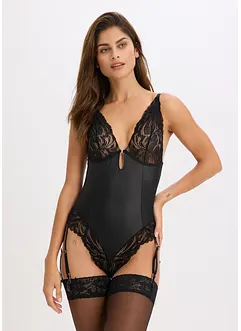 Body med wetlook och avtagbara strumpeband, bonprix