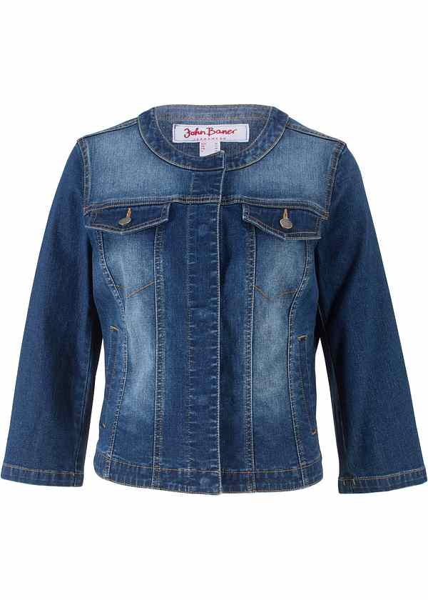 Bekväm stretchig jeansjacka, 34 ärm blå John Baner Bekväm stretchig jeansjacka, 34 ärm mörkblå John Baner